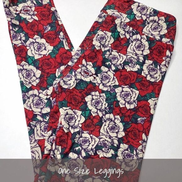LuLaRoe OS Leggings Floral Roses Red Green NEW - Picture 1 of 1